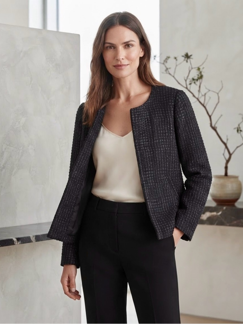 Eileen Fisher Cotton Black Tweed Open-Front Women's Jacket